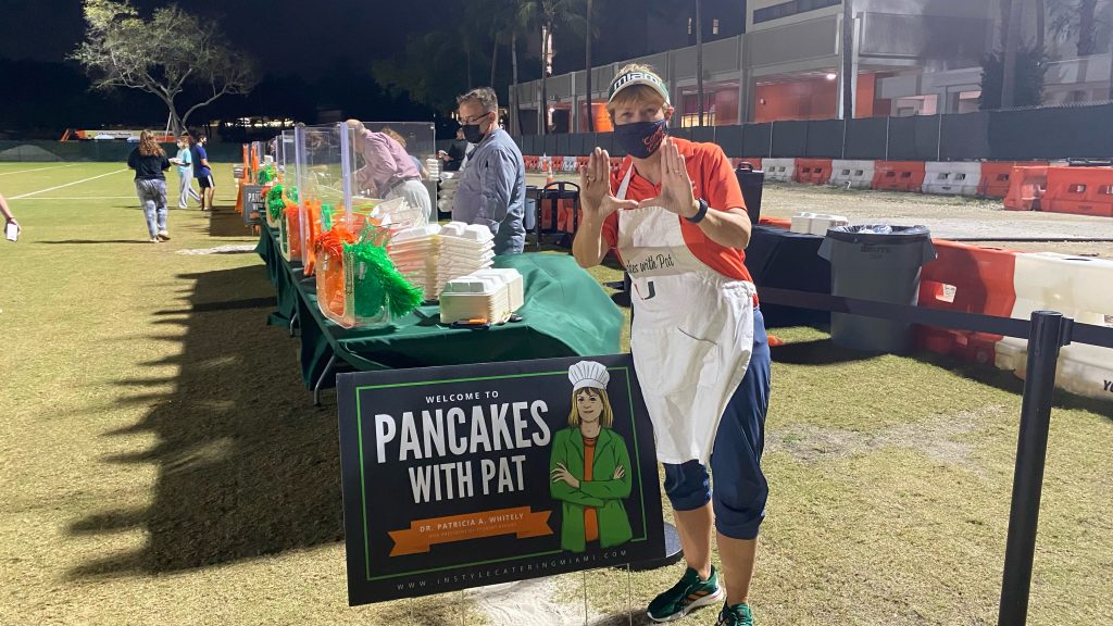 Senior Vice President for Student Affairs Patricia Whitely hosts her signature event, 'Pancakes with Pat' on the IM fields during Wellness Wednesday. Picture by Anabella Zambrano.