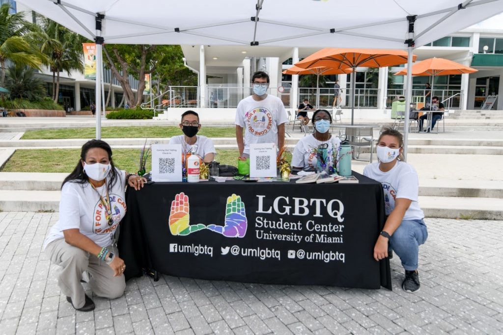 Gisela Vega  (Far left) along with student members of the LGBTQ+ center in a tabling event dedicated to celebrating National Coming Out Day. Lakeside Patio, 2020. Many individuals use this day to come out to friends and family. It also celebrates queer identities and awareness for the continued fight for equal rights and acceptance.