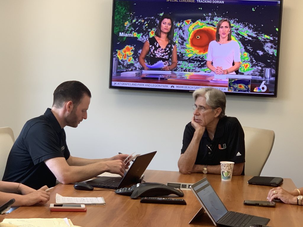 UM Director of Emergency Management Matthew Shpiner meets with President Julio Frenk before Hurricane Dorian in 2019.