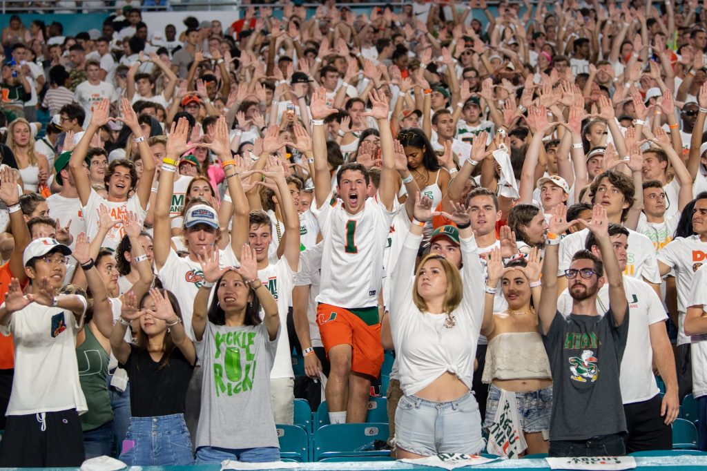 Canes football fans throw up the U and cheer during the University of Miami’s game versus the University of Virginia on October 11th, 2019 at Hard Rock Stadium in Miami Gardens, FL.