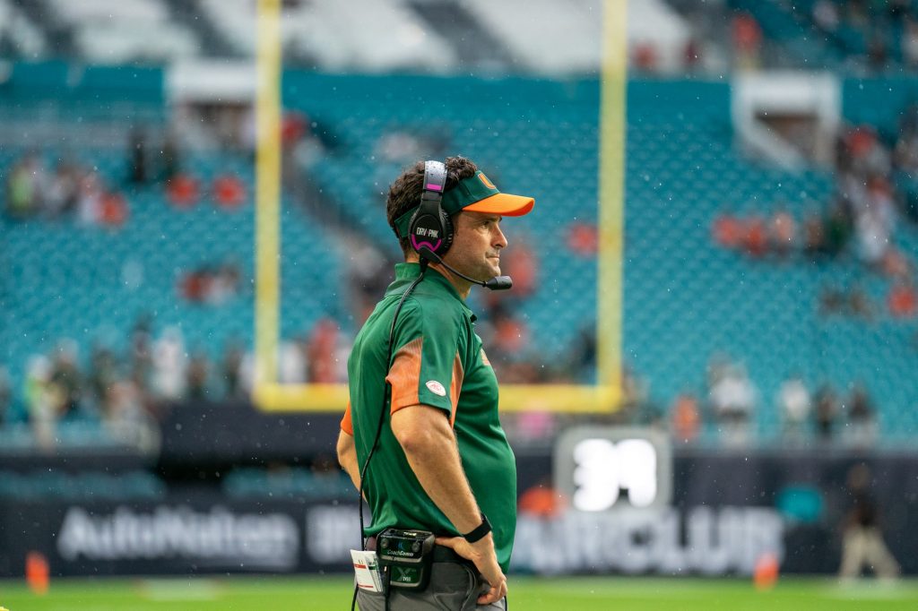 Head coach Manny Diaz watches on as the Canes offense attempt to score in the final seconds of their game versus Michigan State at Hard Rock Stadium on Sept. 18, 2021.
