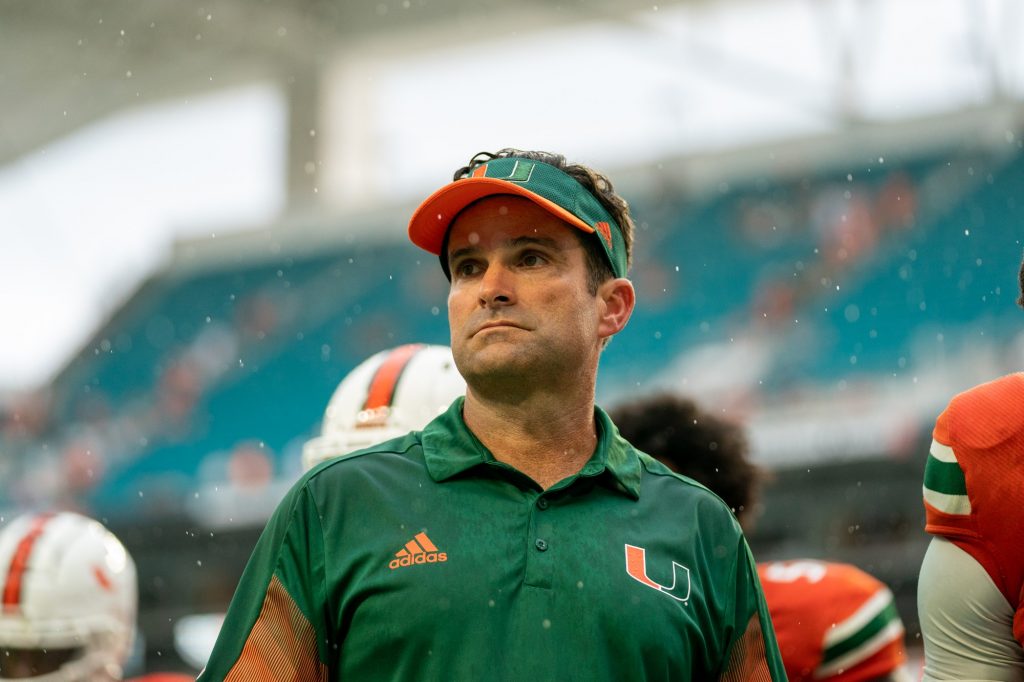 Head coach Manny Diaz, during the singing of the alma matter after Miami’s 38-17 loss to Michigan State at Hard Rock Stadium on Sept. 18, 2021.