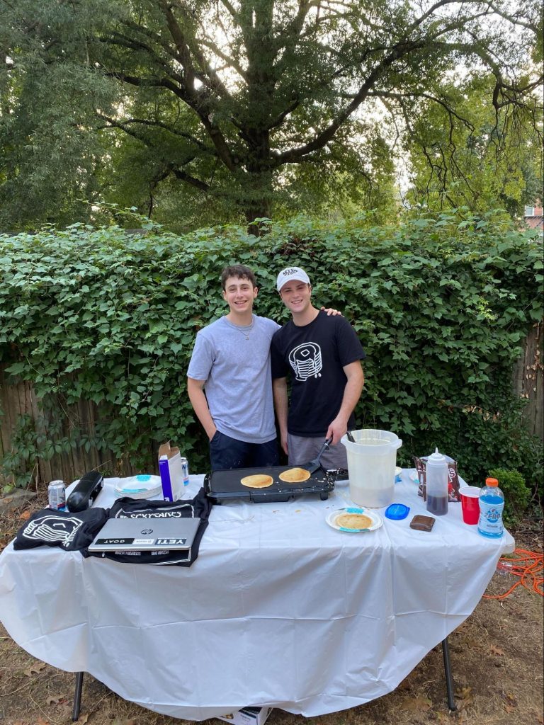 Leiman and Bornstein on tour at the University of Maryland in September. They sold pancakes, bacon and t-shirts for Hurricane Ida relief.