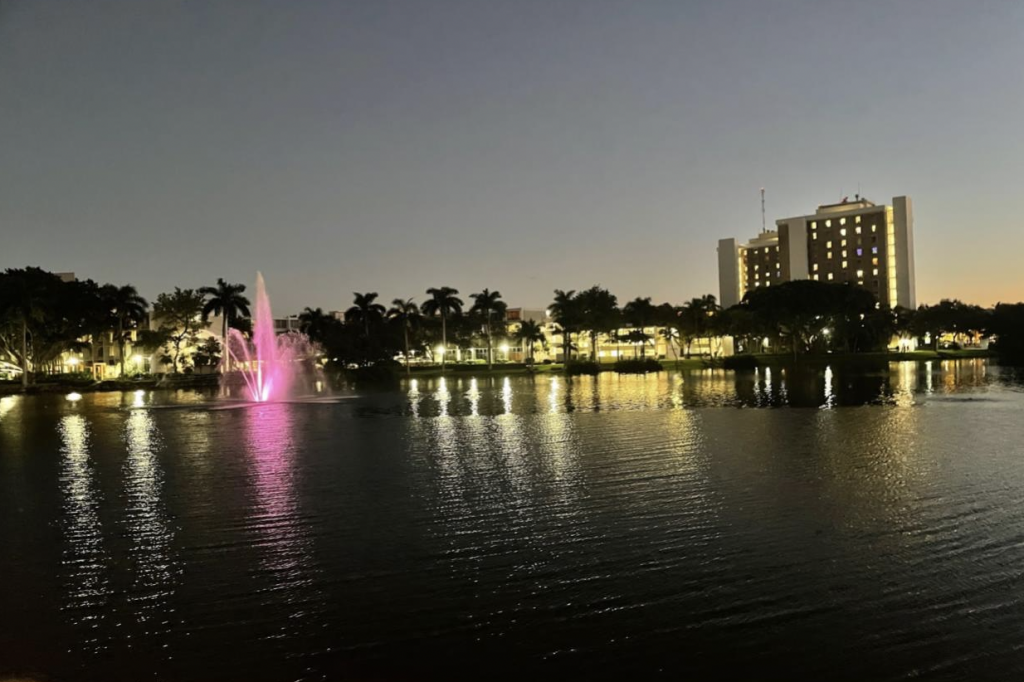 Cobb Fountain in Lake Osceola shines bright pink honoring Breast Cancer Awareness month on Oct. 12, 2021