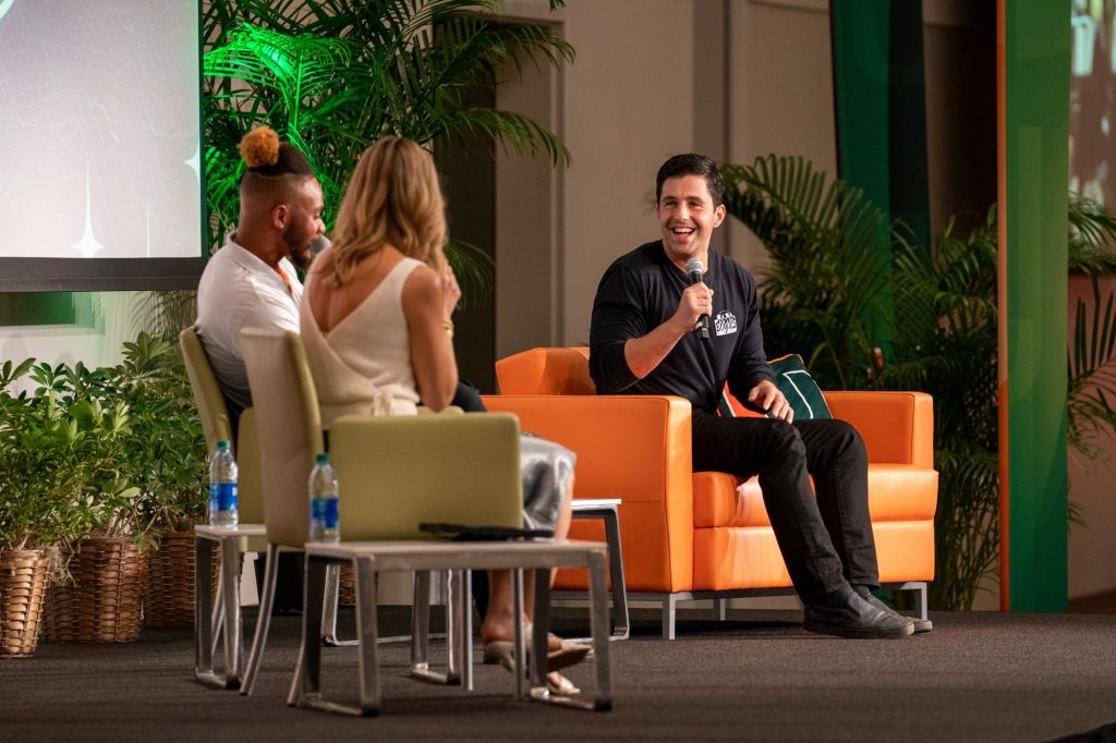 Josh Peck smiles while answering a question from the moderators during the What Matters to U event in the Shalala Center grand ballroom on Oct. 21, 2021.