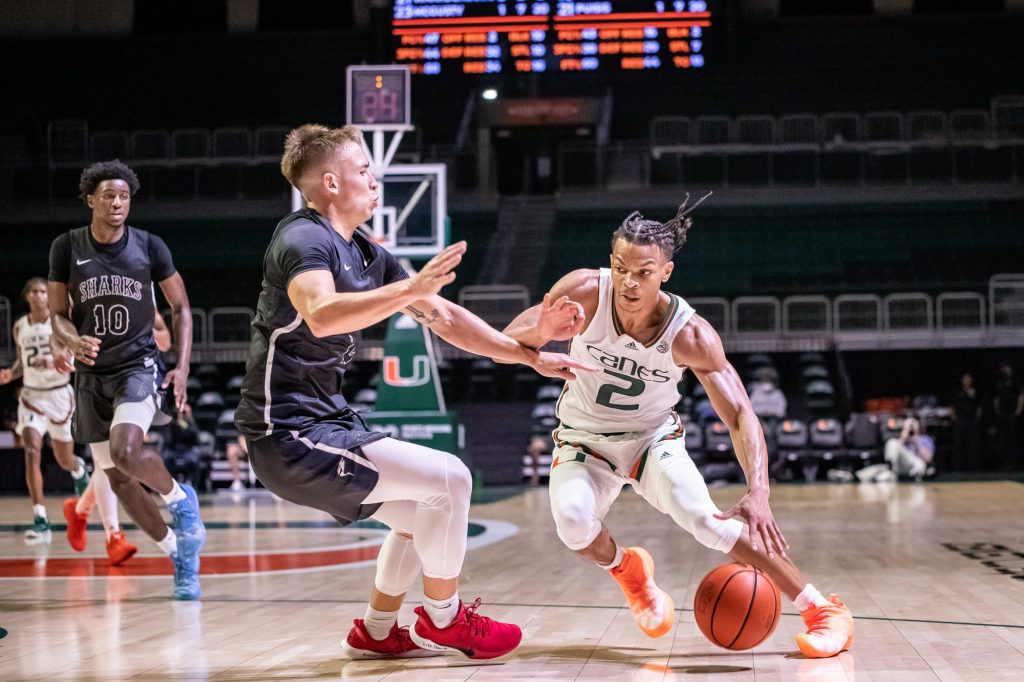 Sophomore Isaiah Wong drives to the basket in Miami’s win over Nova Southeastern in an exhibition game on Wednesday Oct. 20 at the Watsco Center in Coral Gables. Wong scored 40 points going 11-19 from the field, 8-14 from three, and 10-10 from the line.