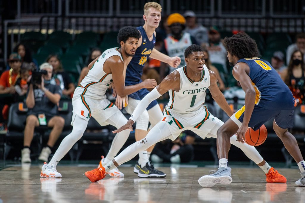 Third-year sophomore Anthony Walker squares up against a defender during the second half of Miami’s win over Canisius on Tuesday Nov. 9 at the Watsco Center.