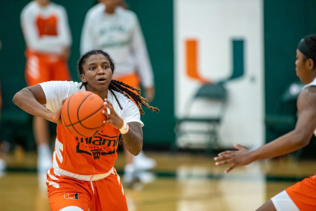 Senior Mykea Gray looks to pass the ball during practice on Oct. 26 in the Miami Fieldhouse. Gray missed all of last season with a ACL tear.