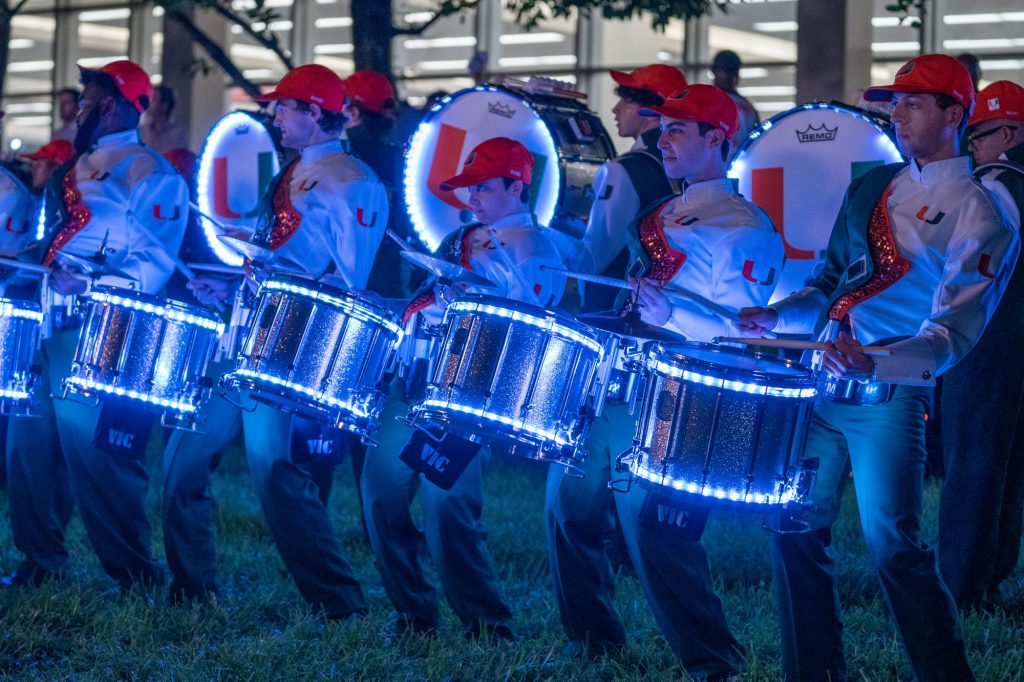 Frost Band of the Hour drummers perform during Homecoming on the Foote Green on Nov. 5, 2021.