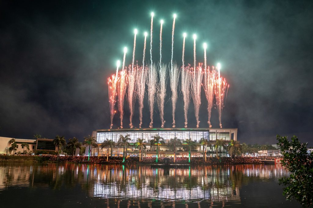 Fireworks go off from the roof of the Shalala Student Center as a part of the homecoming festivities on Nov. 5, 2021.