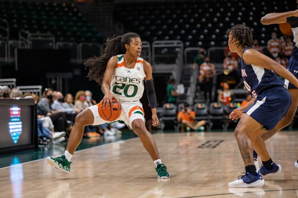 Graduate student Kelsey Marshall makes a move on a Jackson State defender during Miami’s 72-67 victory Tuesday afternoon at the Watsco Center. Marshall finished with a game high 19 points.