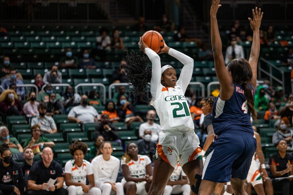 Junior forward Lola Pendande throws a pass to a teammate during Miami’s win over Jackson State on Tuesday Nov. 9 at the Watsco Center. Pendande finished the afternoon with 12 points.
