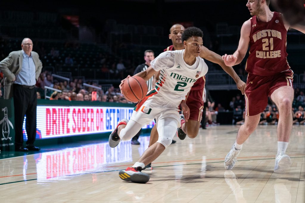 Then freshman guard Isaiah Wong drives to the basket on Feb. 12, 2020 against Boston College at the Watsco Center.