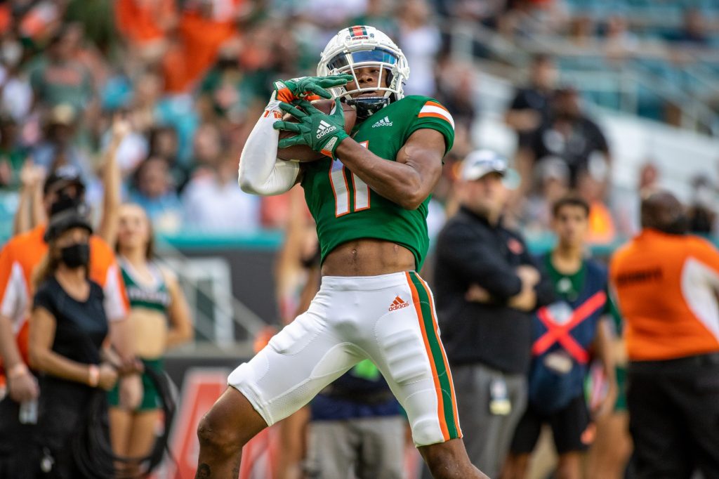 Redshirt junior wide receiver Charleston Rambo caught seven passes for 210 yards and a touchdown in Miami's 33-30 win over Georgia Tech on Nov. 6 at Hard Rock Stadium.