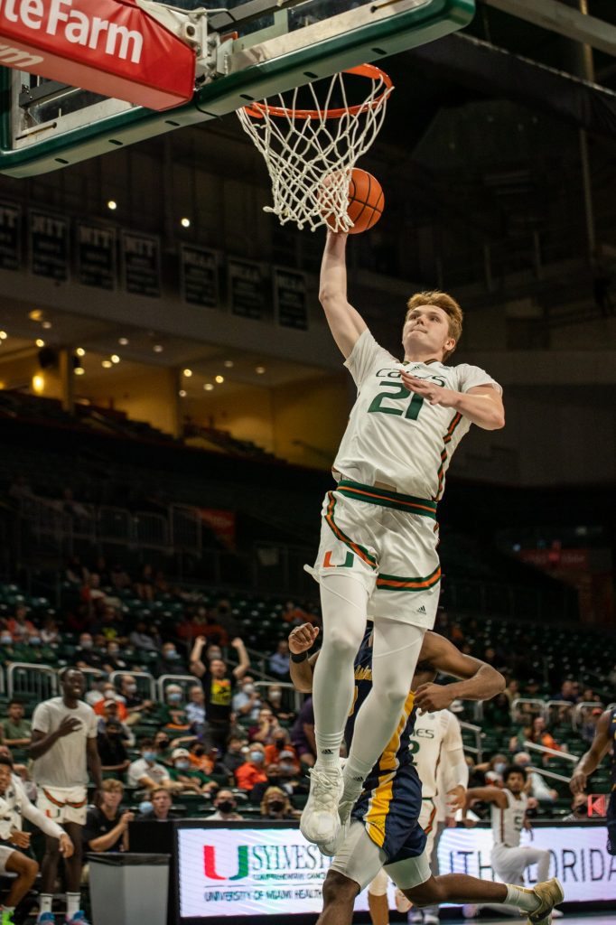 Sixth-year redshirt senior Sam Waardenburg prepares to throw down a dunk during the second half of Miami’s 77-67 win over Canisius on Tuesday, Nov. 9 at the Watsco Center.