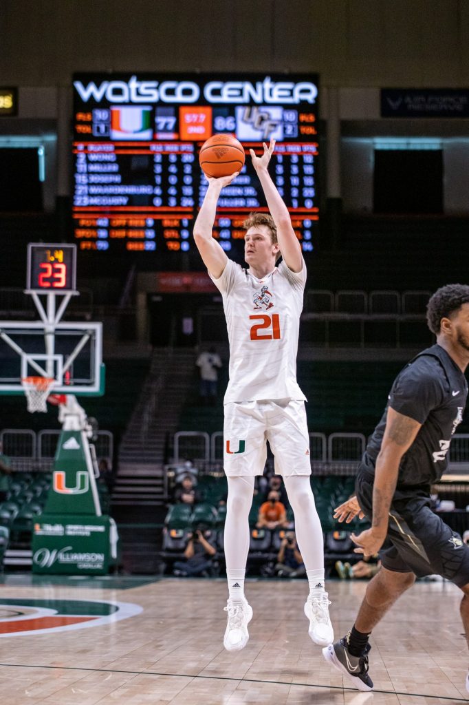 Sixth-year redshirt senior Sam Waardenburg shoots a three point shot during the last minute of the game in Miami’s 95-89 loss to UCF Saturday, Nov. 13 at the Watsco Center. Miami failed to make its first six 3-point shots and ultimately shot 6-26 from three throughout the game.