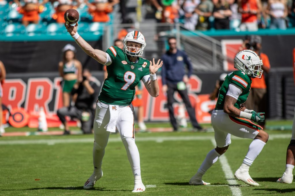 Freshman quarterback Tyler Van Dyke throws a pass during Miami's win over Georgia Tech on Nov. 6 at Hard Rock Stadium. Van Dyke threw for 389 yards and three touchdowns in the 33-30 win.