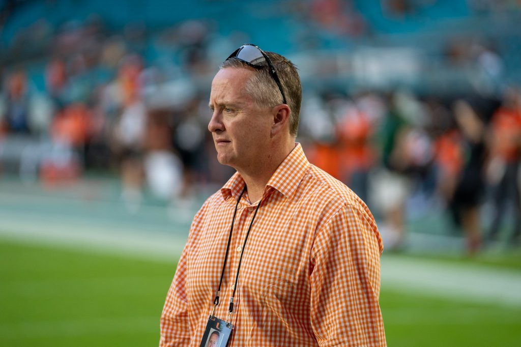 Then-Director of Athletics Blake James walks on the field before the start of Miami’s game versus Appalachian State at Hard Rock Stadium on Sept. 11, 2021.