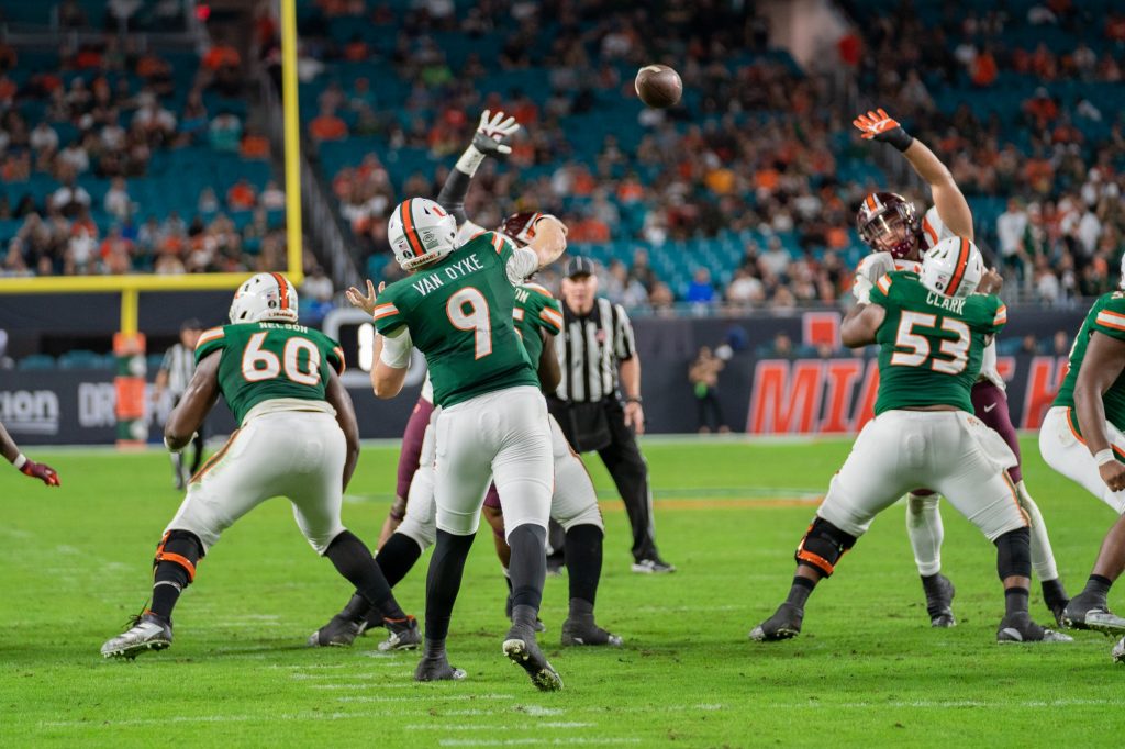 Freshman quarterback Tyler Van Dyke throws a pass during the second quarter of Miami’s game versus Virginia Tech at Hard Rock Stadium on Nov. 20, 2021.