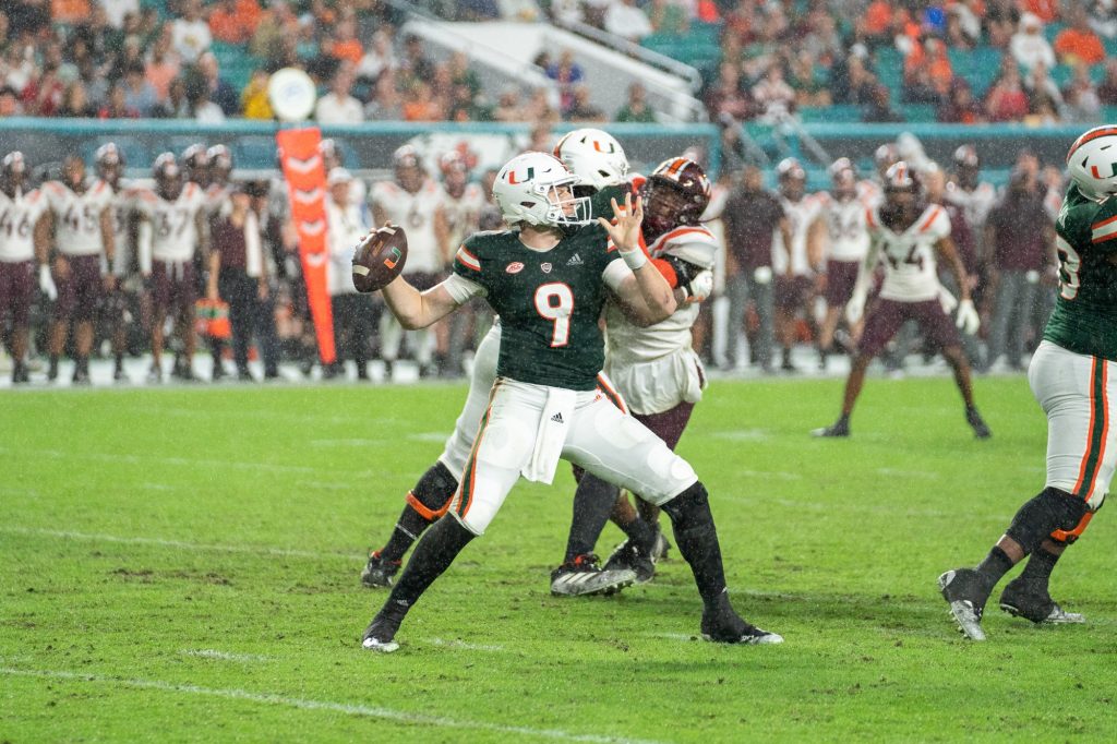 Freshman quarterback Tyler Van Dyke winds up to throw a pass during the third quarter of Miami’s game versus Virginia Tech at Hard Rock Stadium on Nov. 20, 2021.