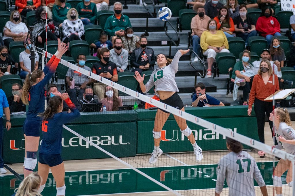 Freshman outside hitter Peyman Yardimci winds up to spike during the third set of Miami’s match versus Syracuse in the Knight Sports Complex on Oct. 29, 2021.