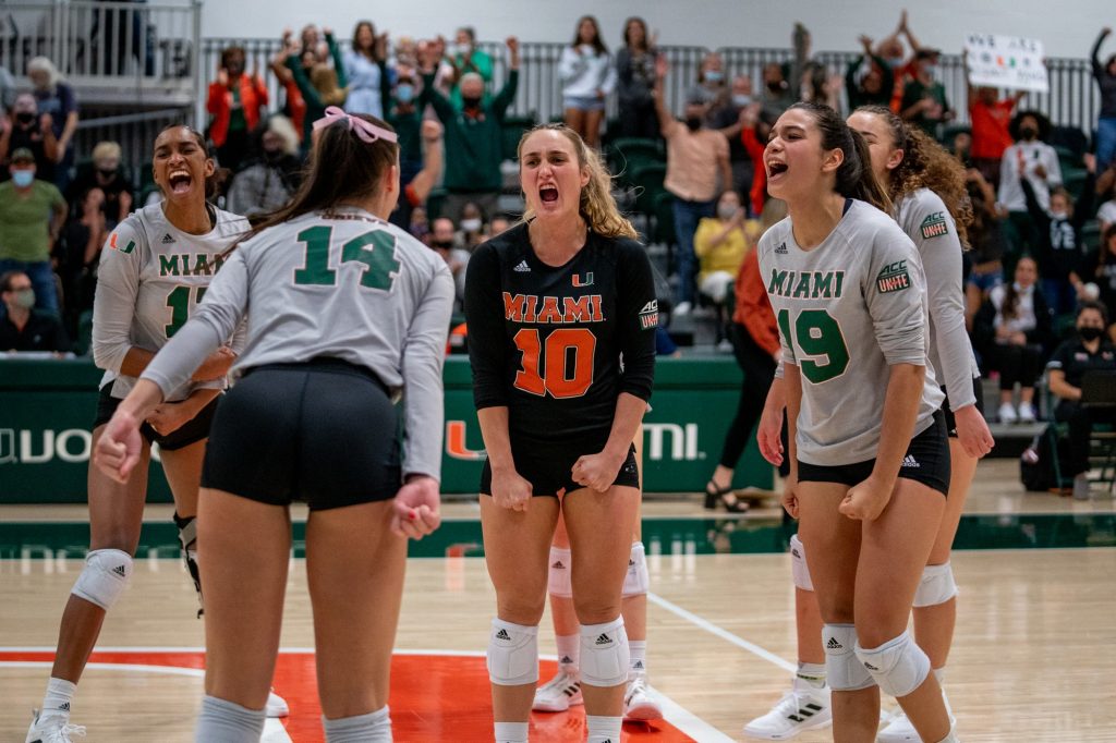 Members of the canes volleyball team celebrate after besting Syracuse 3-1 in their match in the Knight Sports Complex on Oct. 29, 2021.