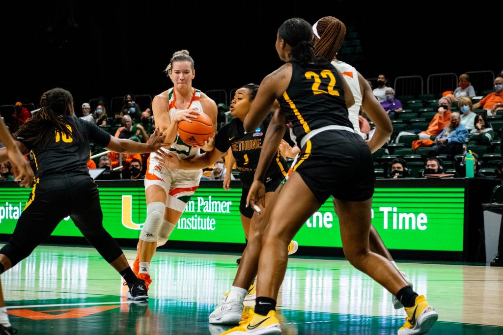 Karla Erjavec attempts to get through Bethune Cookman defenders on Nov. 12 at the Watsco Center.
