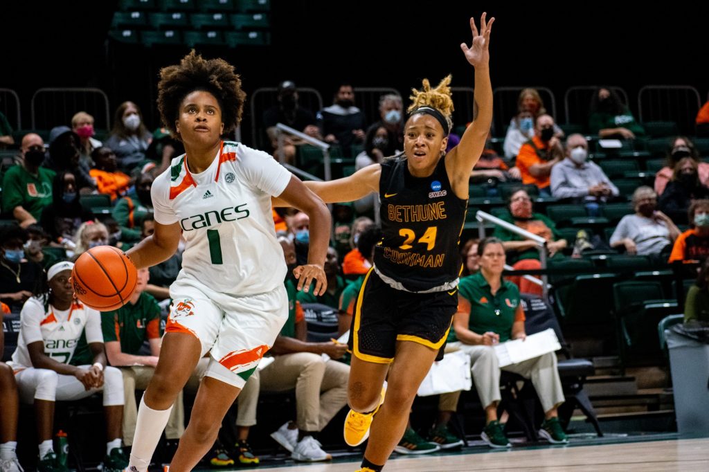 Junior guard Moulayna Johnson Sidi Baba drives to the basket against Bethune Cookman at the Watsco Center on Nov. 12.