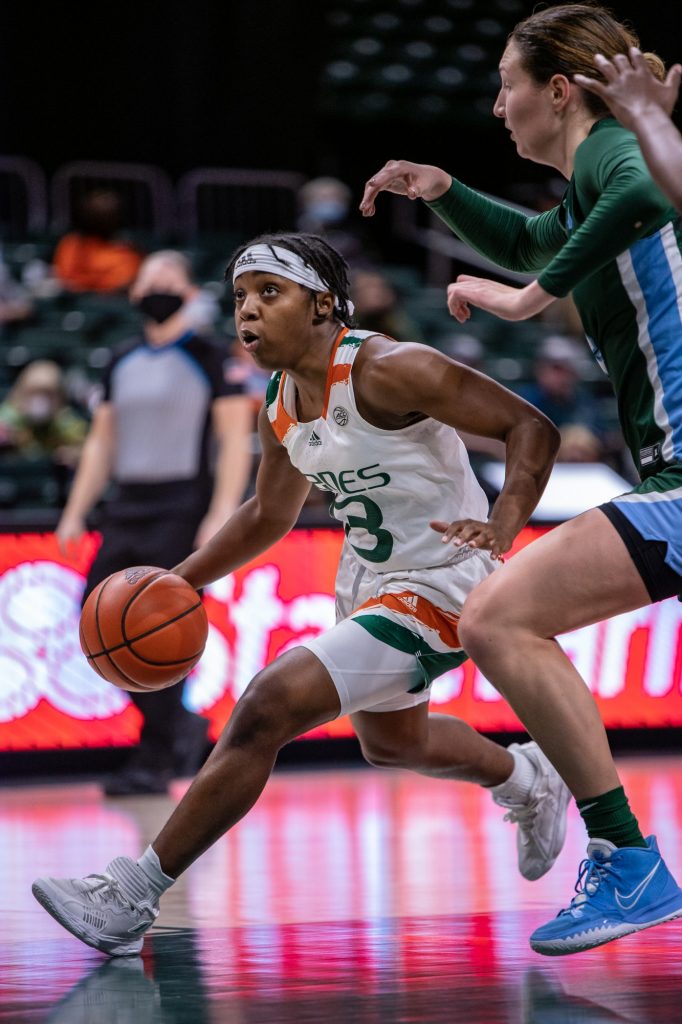 Freshman Lashae Dwyer drives towards the basket in Miami’s 70-63 win over Tulane on Sunday, Dec. 5 at the Watsco Center. Dwyer had 10 points and two steals.