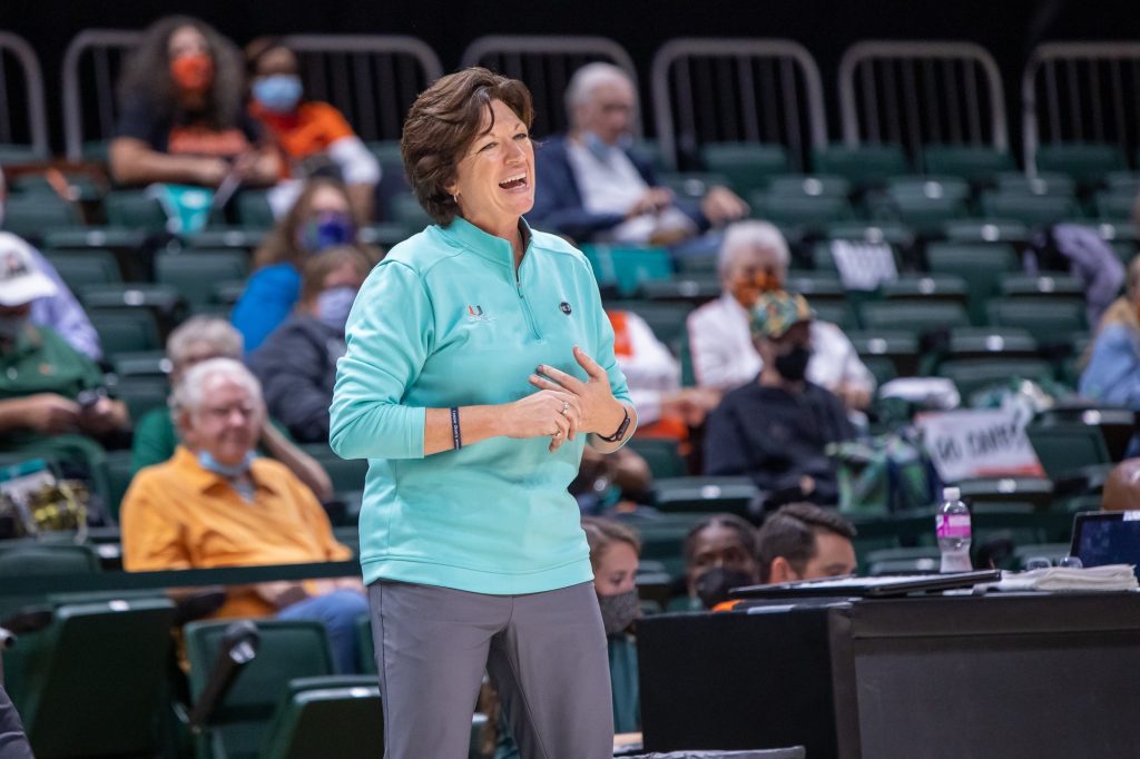 Women’s Basketball head coach Katie Meier reacts to a call during the second half of Miami’s win over FAU on Thursday Nov. 18 at the Watsco Center.