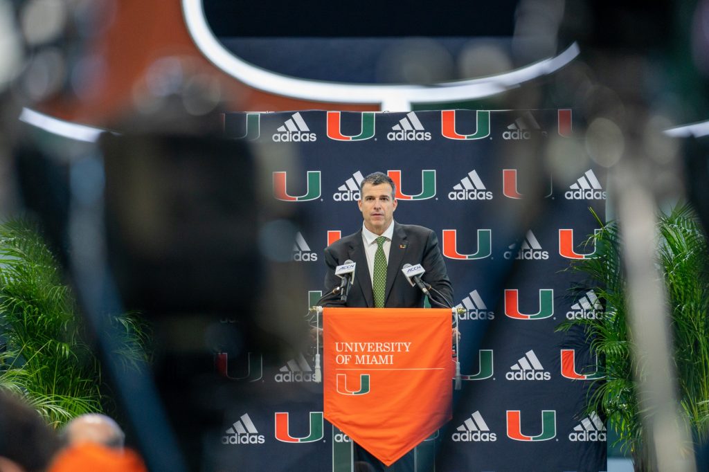 Head coach Mario Cristobal delivers his introductory remarks in the Carol Soffer Indoor Practice Facility on Dec. 7, 2021.