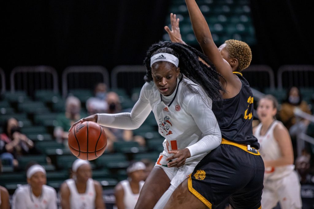 Junior Lola Pendande heads for the basket in Miami's 78-65 win over Arkansas-Pine Bluff on Monday, December 6th at the Watsco Center.
