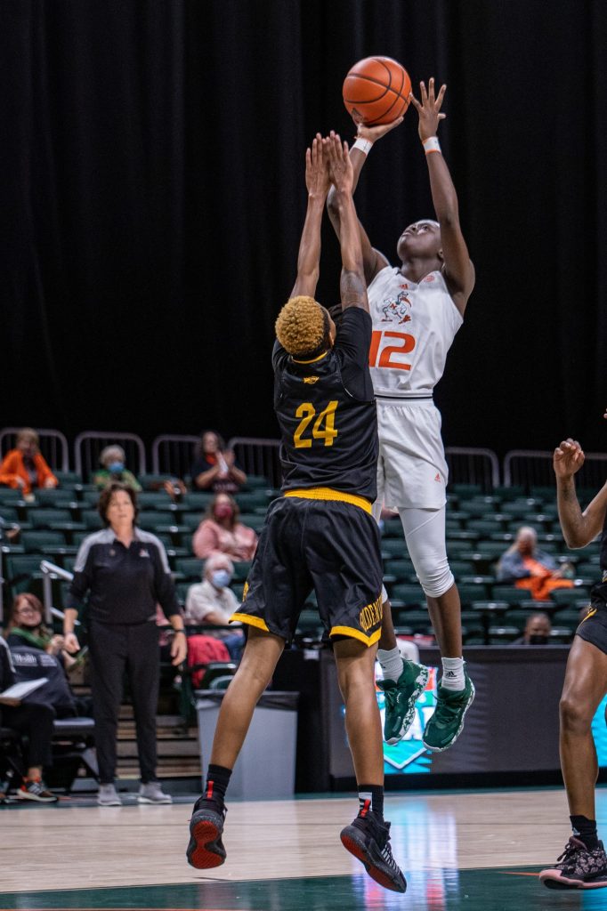Freshman Ja'Leah Williams takes a shot from inside the paint during Miami’s win over Arkansas-Pine Bluff on Monday, Dec. 6 at the Watsco Center. Williams registered 14 points, five rebounds and seven assists during the game.