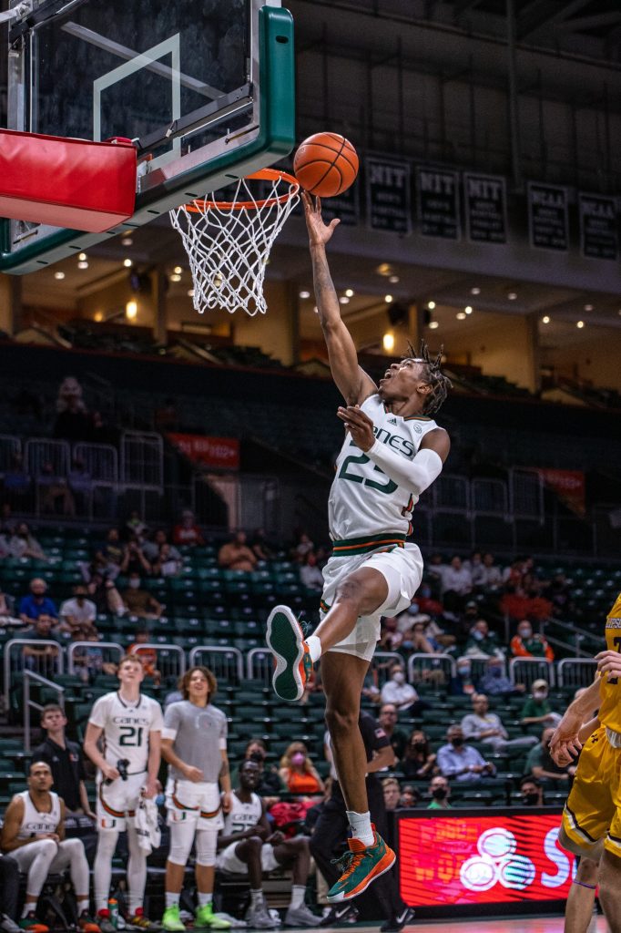 Sixth-year redshirt senior Kameron McGusty lays in the ball off a breakaway during the second half of Miami's win over Lipscomb on Wednesday, Dec. 8 at the Watsco Center. McGusty scored a career-high 29 points.