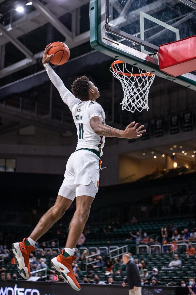Fourth-year junior Jordan Miller throws down a dunk off of a steal in Miami's dominant win over Lipscomb 76-59 at the Watsco Center on Wednesday, Dec. 8.