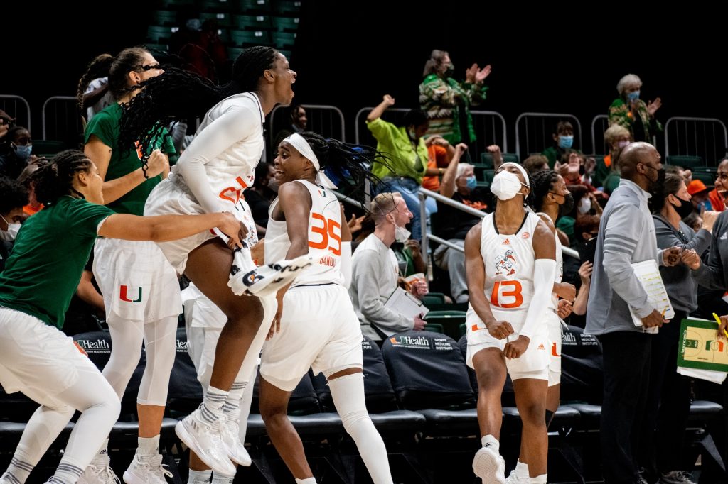 Miami’s bench celebrates as they secure the victory over #15 Georgia Tech and their second consecutive ACC win on Sunday, Jan 16. at the Watsco Center