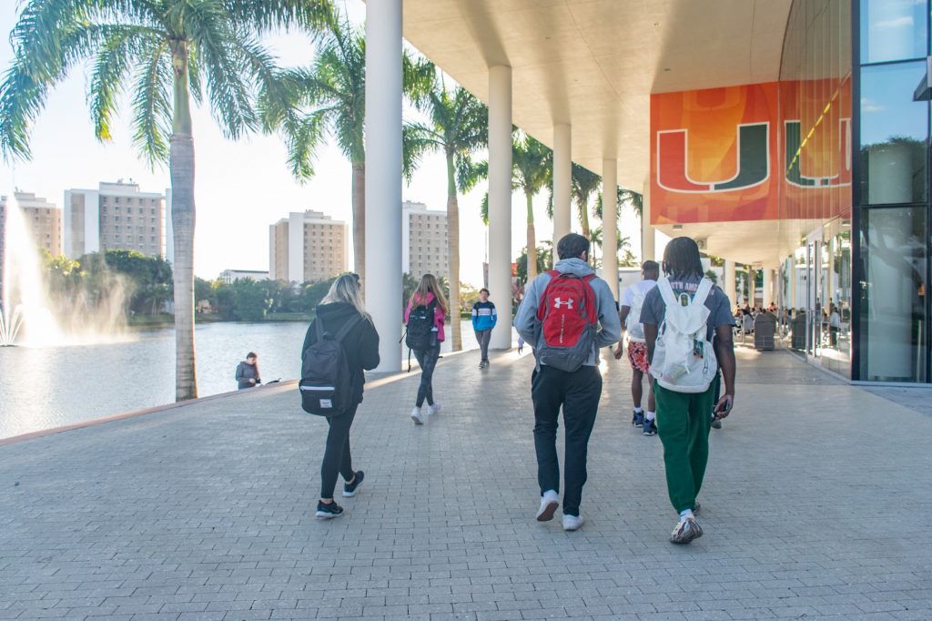 Students walk around the Donna E. Shalala Center on Jan. 31, when classes resume in-person instruction for the first time this semester.