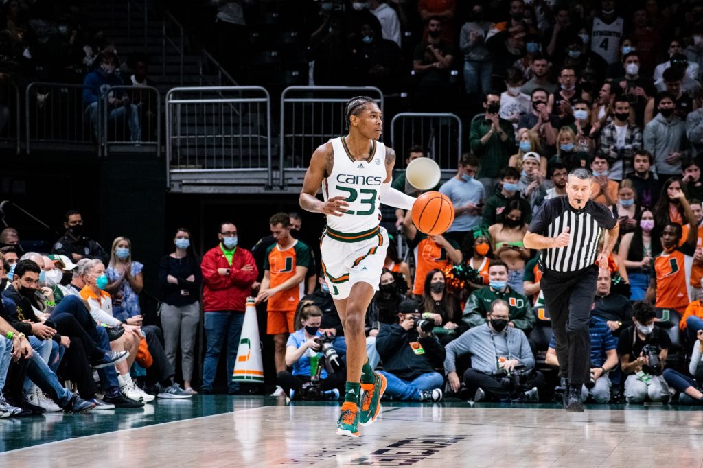 Sixth-year redshirt senior Kameron McGusty dribbling the ball up the court in Miami's win over North Carolina on Tuesday, Jan. 18 at the Watsco Center.