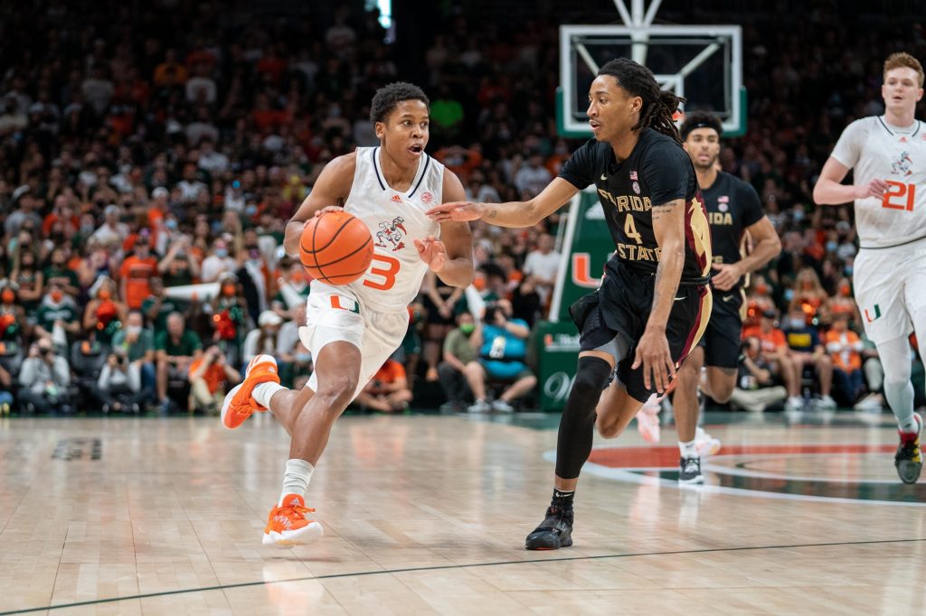 Sixth-year redshirt senior guard Charlie Moore drives to the basket during the first half of Miami’s game versus Florida State in the Watsco Center on Jan. 22, 2022.