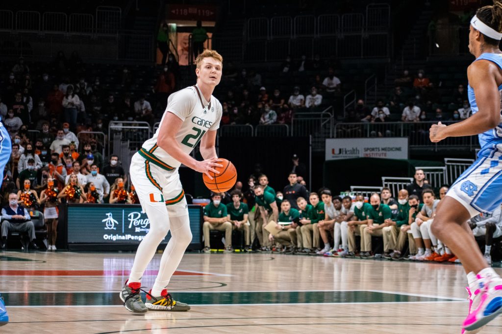 Sixth-year redshirt senior forward Sam Waardenburg sets up for a 3-point field goal in Miami's win over North Carolina on Tuesday, Jan. 18 at the Watsco Center.