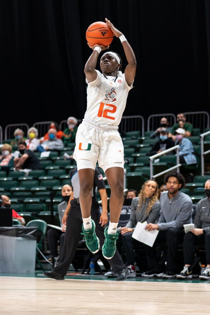 Freshman guard Ja'Leah Williams shoots a jump shot during the second quarter of Miami’s game versus Wake Forest in the Watsco Center on Jan. 6, 2022.