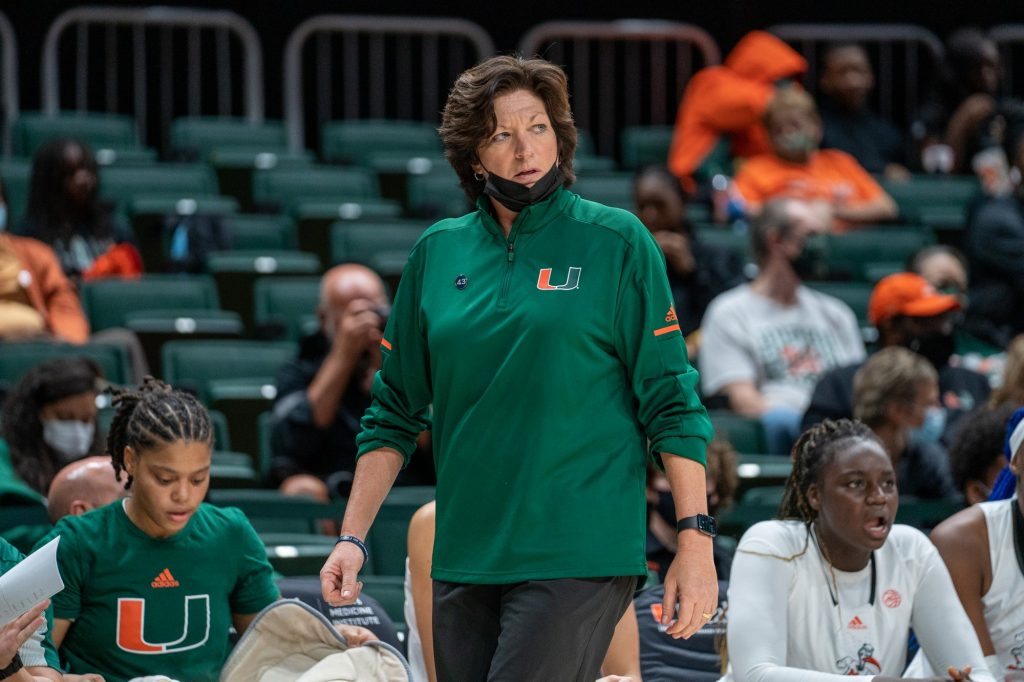 Head Coach Katie Meir paces in front of Miami’s bench during the third quarter of Miami’s game versus Wake Forest in the Watsco Center on Jan. 6, 2022.