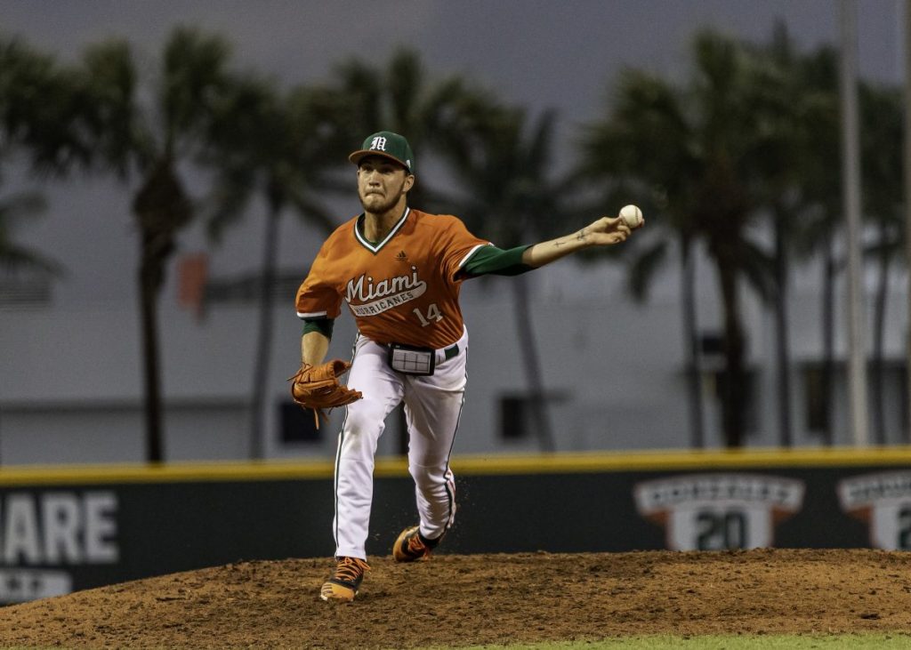 Sophomore pitcher Carson Palmquist pitches against South Florida at Mark Light Field on Feb. 27, 2020.