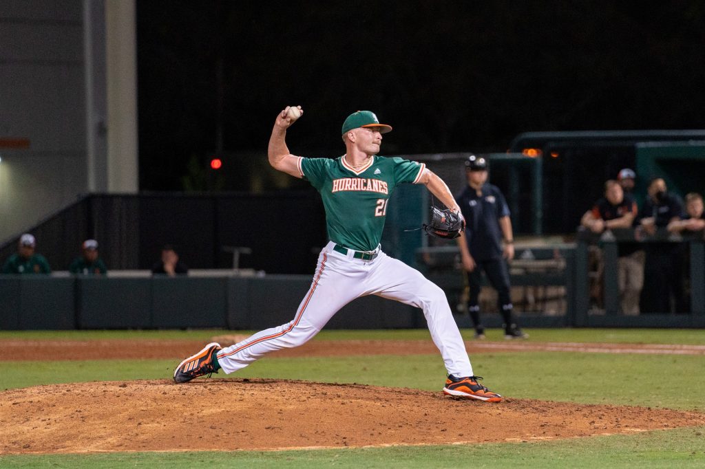 Sophomore pitcher Andrew Walters pitches in the top of the ninth inning of Miami’s game versus Towson at Mark Light Field on Feb. 18, 2022.
