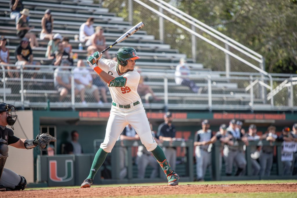 Sophomore  Lorenzo Carrier waits for a pitch during Miami's win over Towson in the second game of a four game series at Mark Light Field on Saturday, Feb. 19, 2022. Carrier registered two home runs, a triple and two doubles throughout the weekend with nine RBIs.
