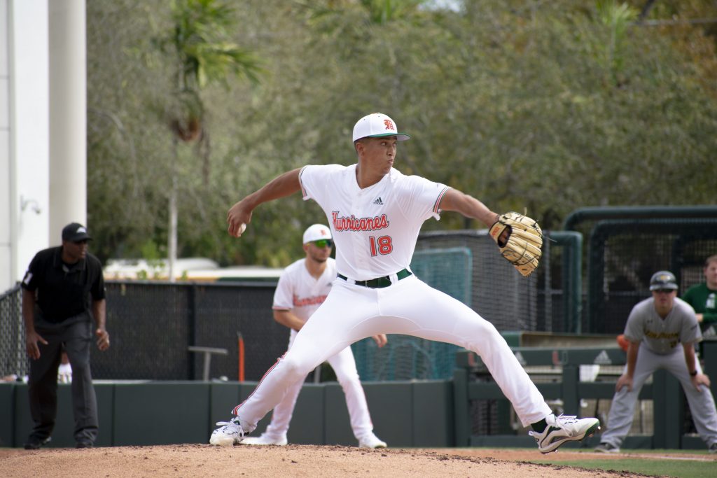Sophomore starting pitcher Alex McFarlane pitches in Miami's 11-1 win over Towson on Sunday, Feb. 20, 2022 at Mark Light Field.