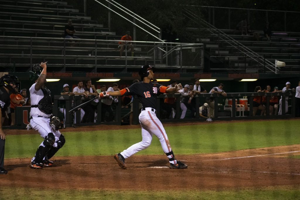 Freshman infielder Henry Wallen hits a fly ball to center field in the Hurricanes' Alumni Game on Feb. 12, 2022 at Mark Light Field.