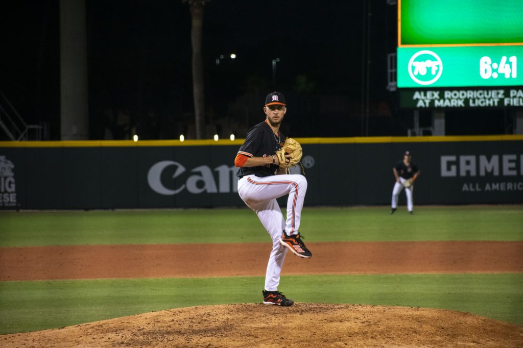 Sophomore left-handed pitcher Carson Palmquist pitches against Miami baseball's alumni team in the annual 2022 Alumni Game on Feb. 12, 2022 at Mark Light Field.