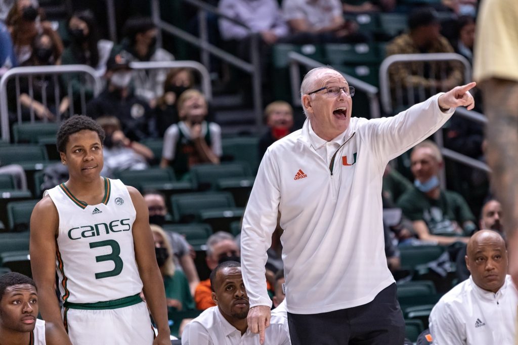 Head coach Jim Larrañaga yells at players on defense during the second half of Miami's win over Georgia Tech on Wednesday, Feb. 9 at the Watsco Center.