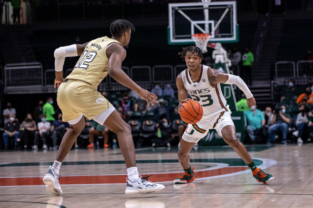 Sixth-year redshirt senior Kameron McGusty makes a move on a Georgia Tech defender in Miami's win on Wednesday, Feb. 9 at the Watsco Center. McGusty finished the game with 17 points  and led the team with four steals.